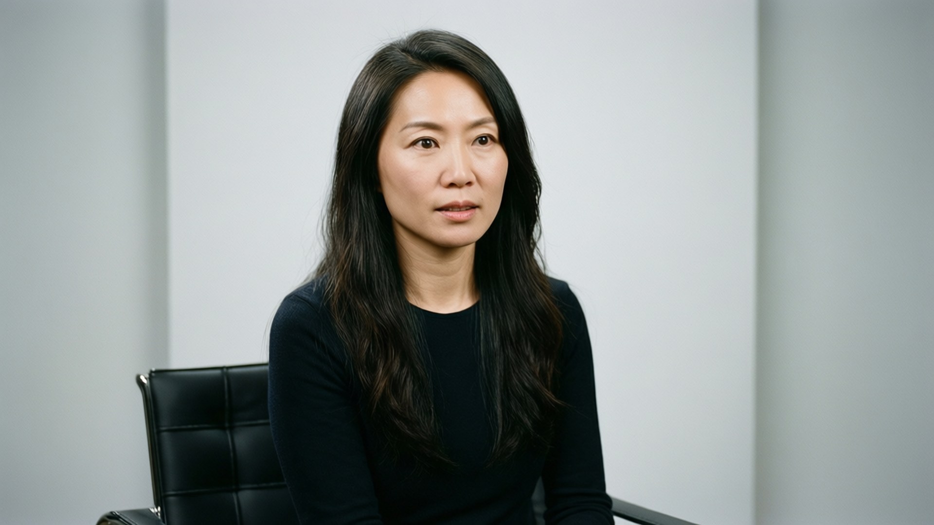 Julie Chen i et studiointervjumiljø.