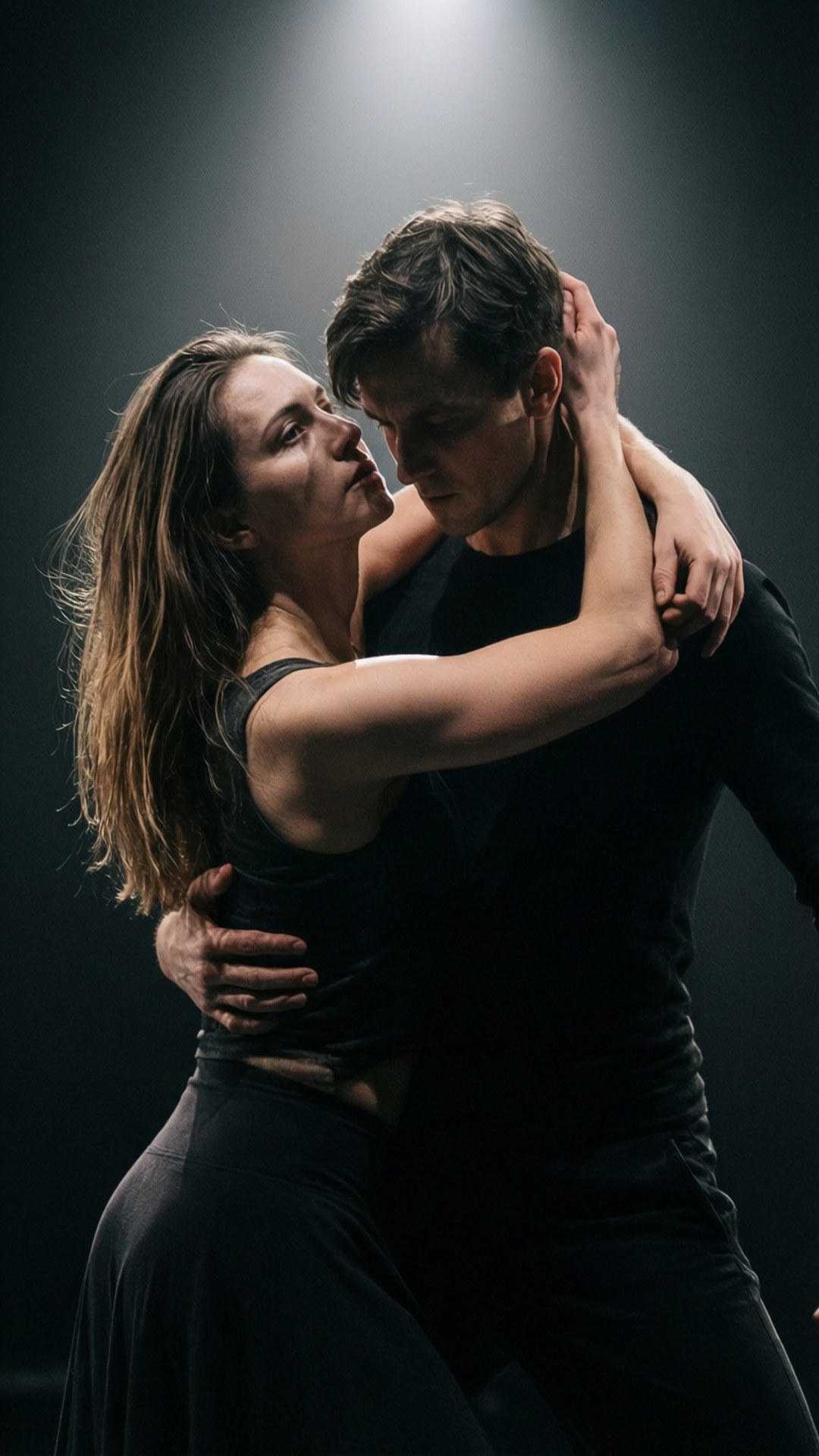 Duo de Danse Intime Fonds d'écran — Un duo moderne émouvant avec deux danseurs entrelacés sous un éclairage dramatique zénithal.