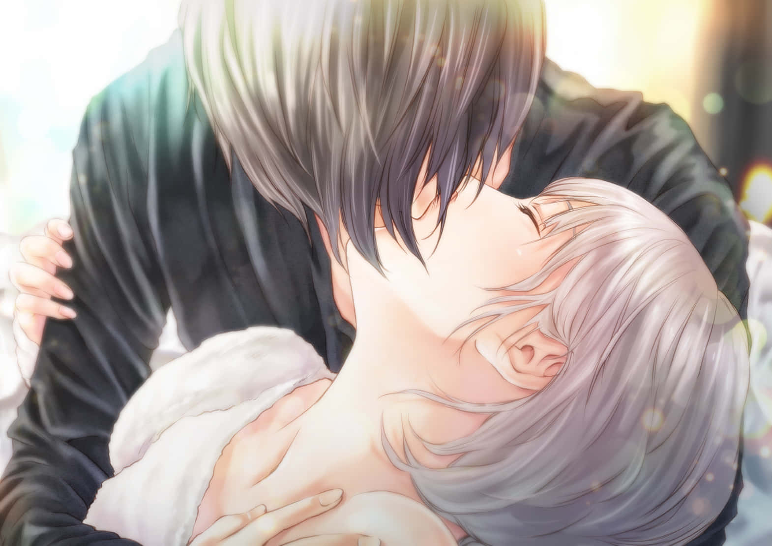 Intimate Romance Anime Couple Kissing Wallpaper