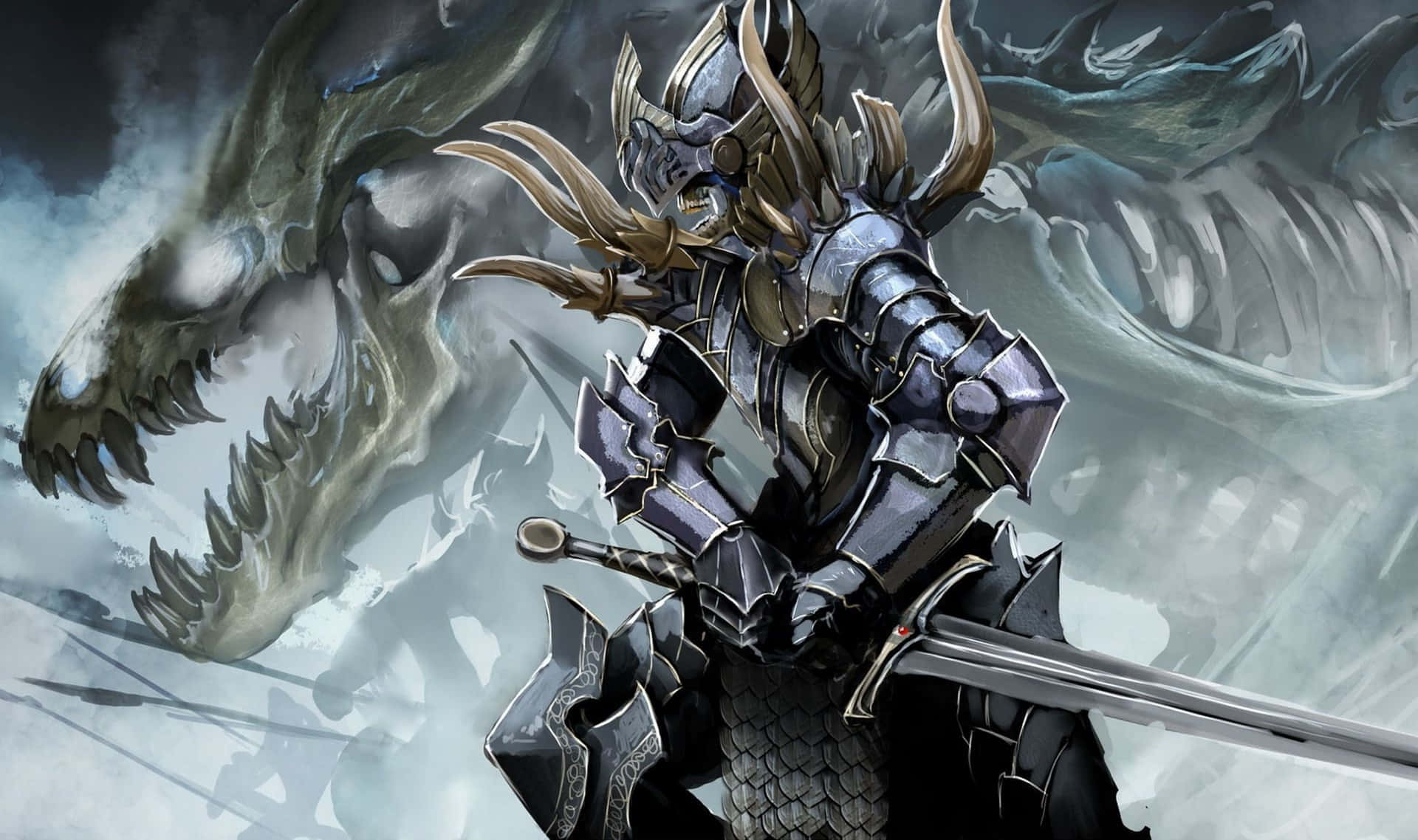 Intimidating Skull Knight With Blazing Sword Wallpaper