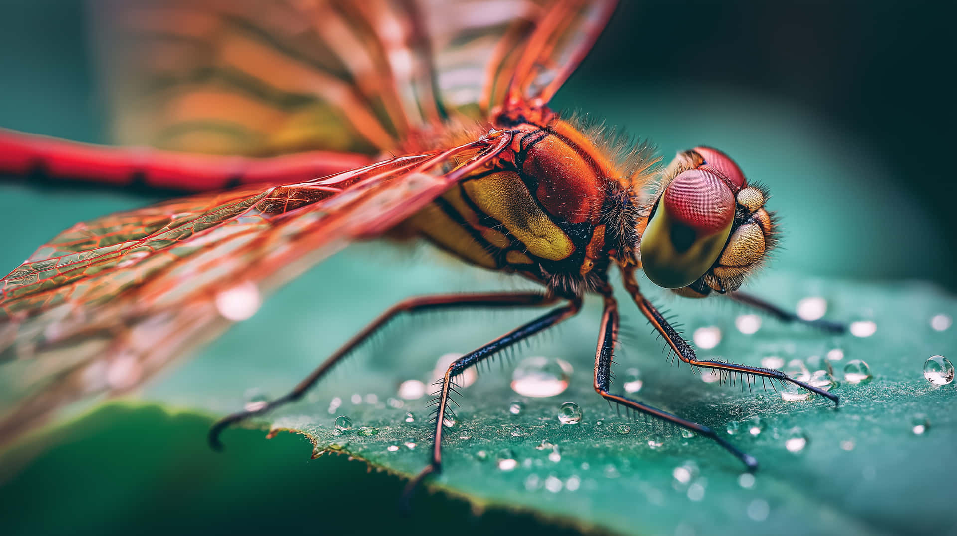 Intricate Dragonfly Macro: Details On A Dew-kissed Leaf Wallpaper