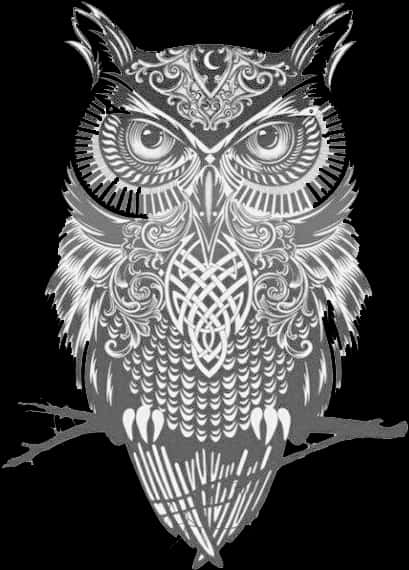 Intricate Owl Design Blackand White PNG