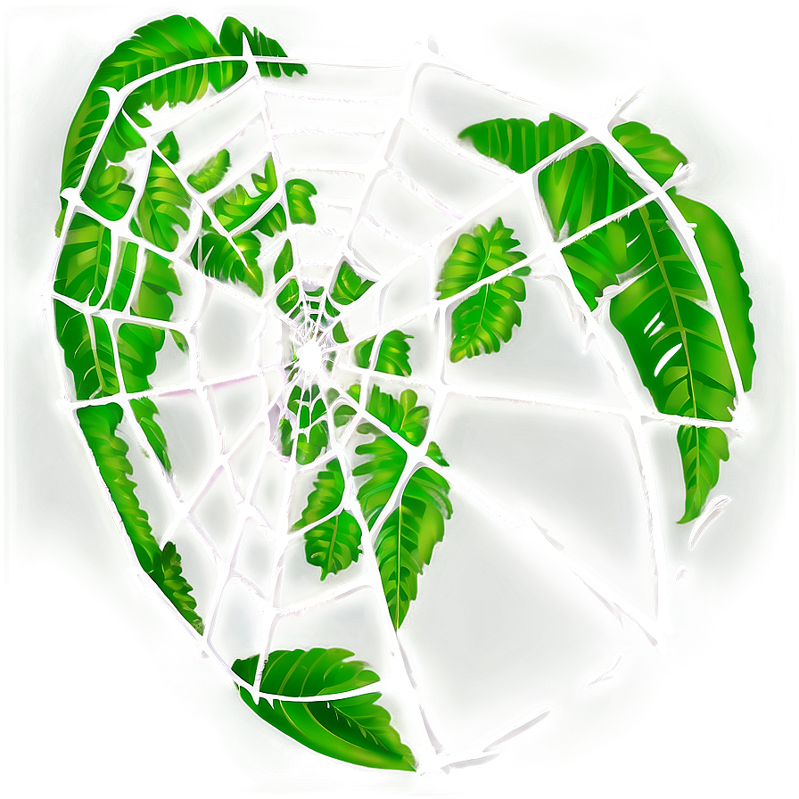 Intricate Spider Web Green Leaves Background PNG