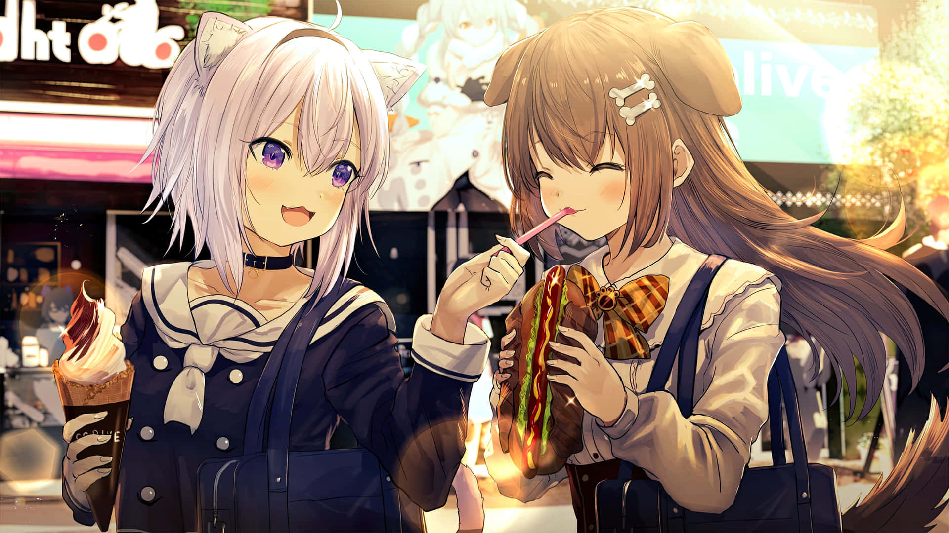 Two Anime Girls Are Eating Hot Dogs Wallpaper