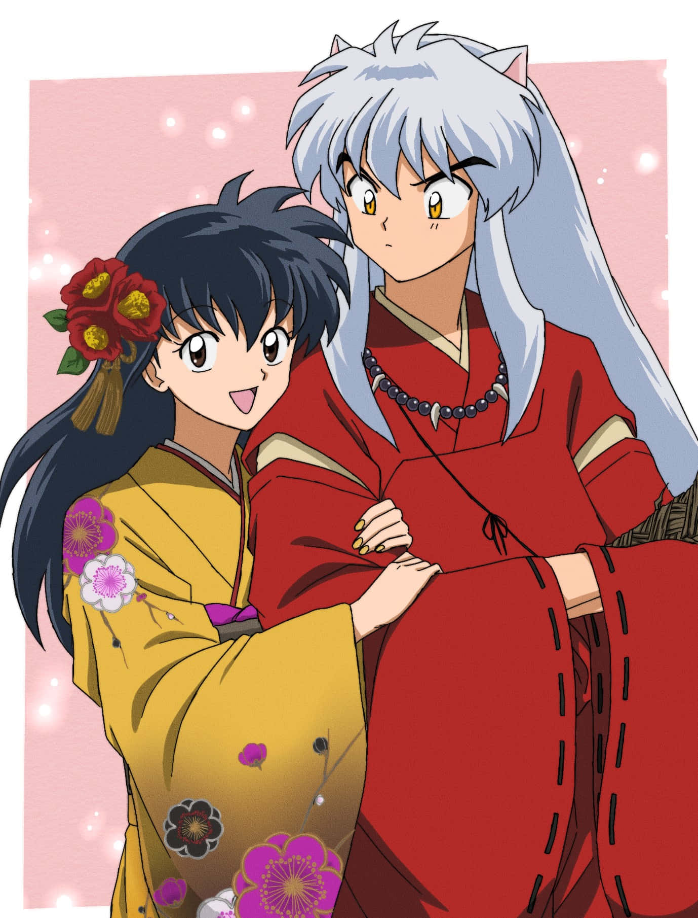Inuyasha and Kagome embracing each other in the world of Feudal Japan Wallpaper
