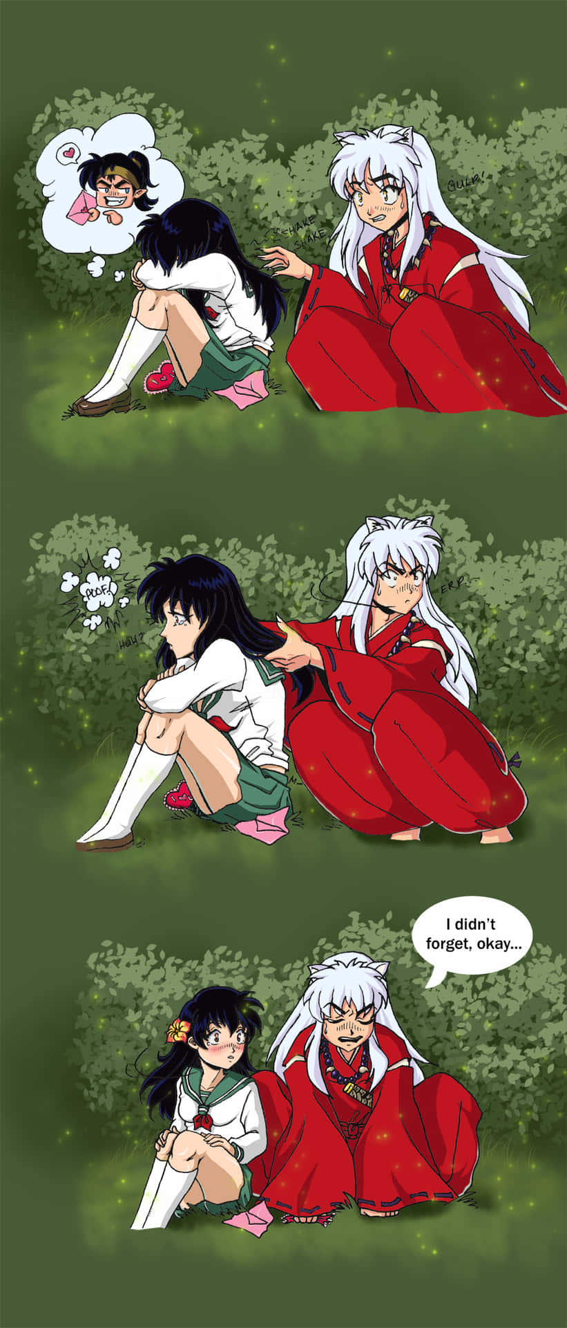 Inuyasha and Kagome sharing a tender moment together in a serene landscape. Wallpaper