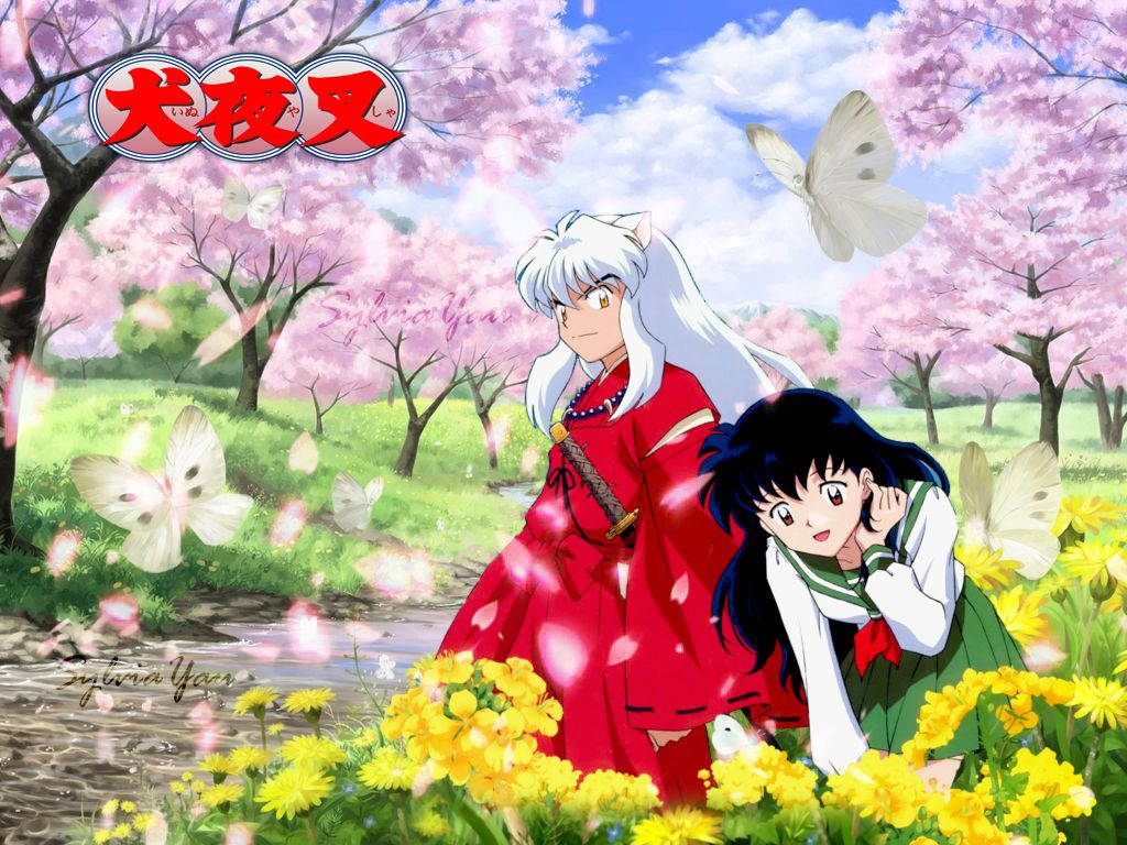 Inuyasha and Kagome enjoying a peaceful moment in a beautiful spring setting Wallpaper