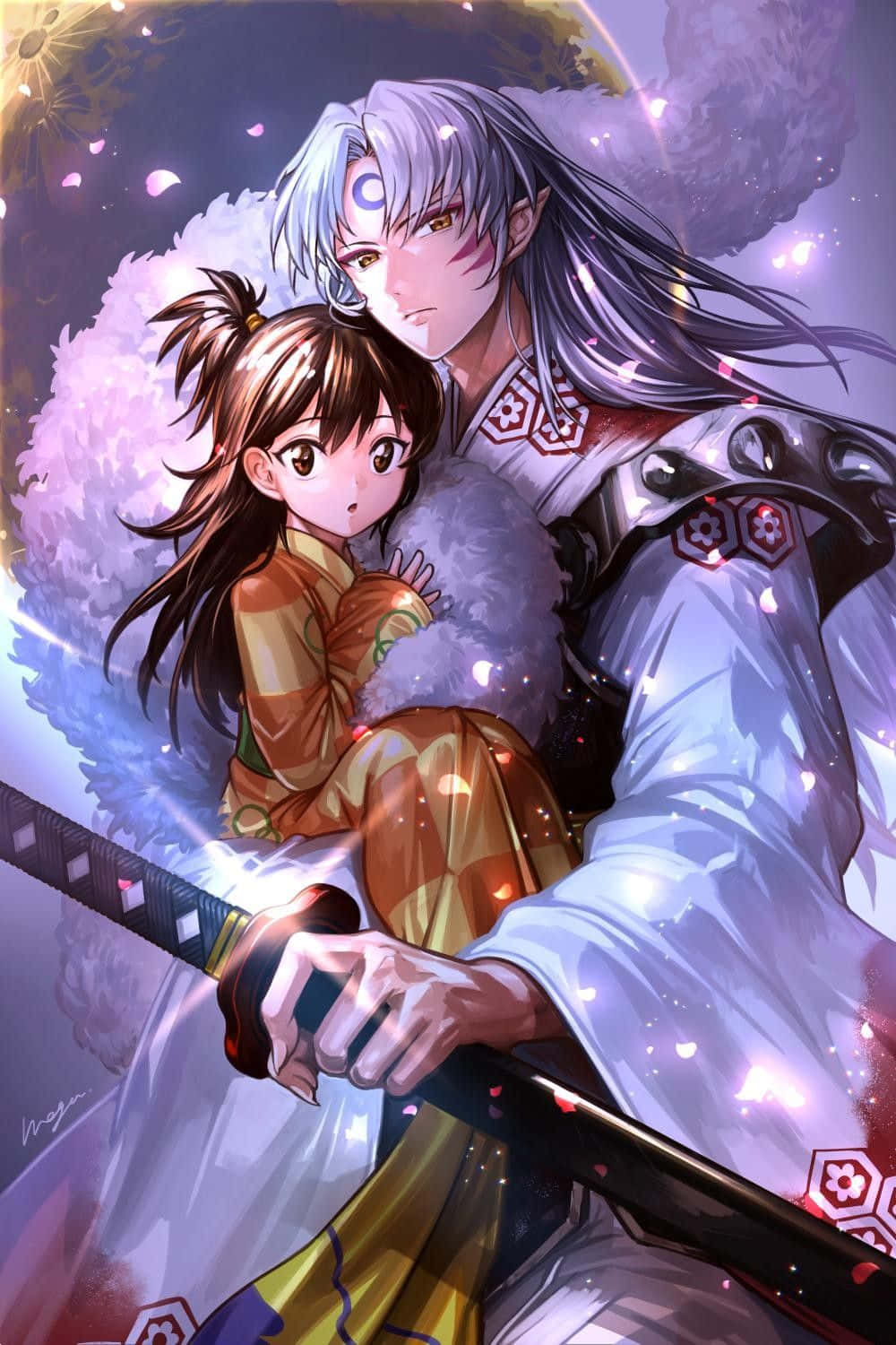 Caption: Inuyasha and Rin sharing a tender moment together. Wallpaper