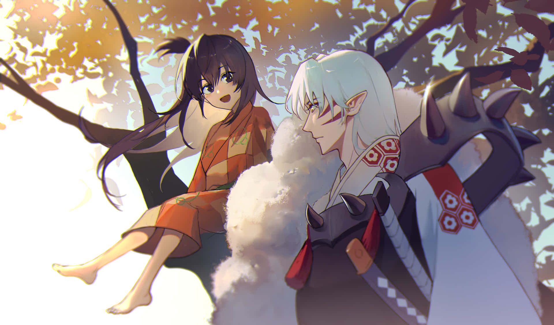 Inuyasha protecting Rin in a beautiful forest scenery Wallpaper