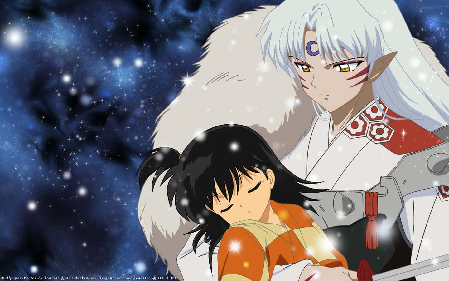 Inuyasha and Sesshomaru facing off against a vibrant sunset background Wallpaper