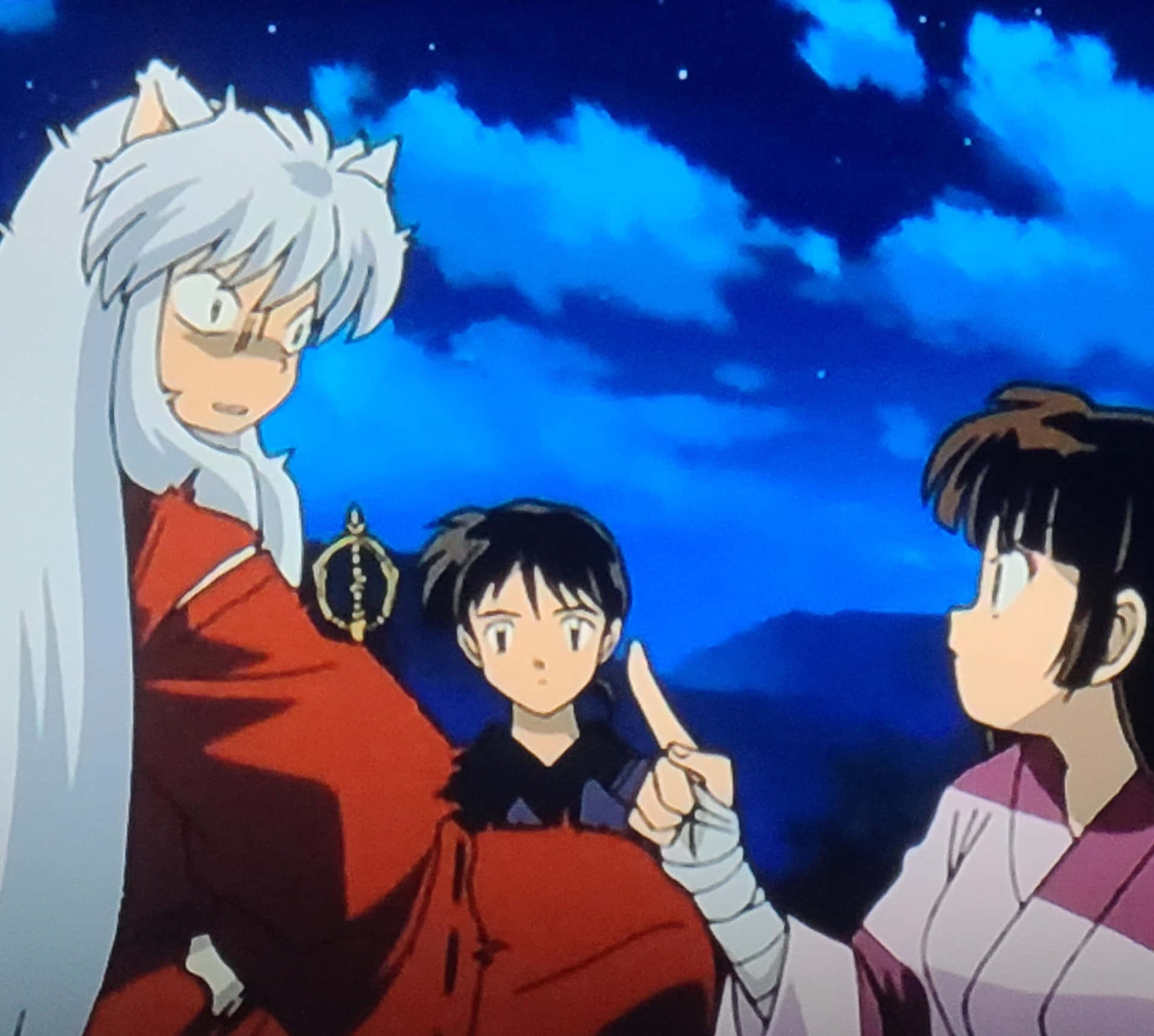 The whole crew of Inuyasha and his friends standing boldly together in the sunset. Wallpaper