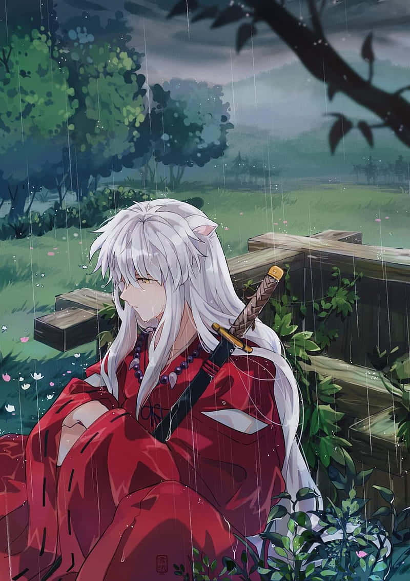 Inuyasha Contemplatief Moment In Regen Achtergrond