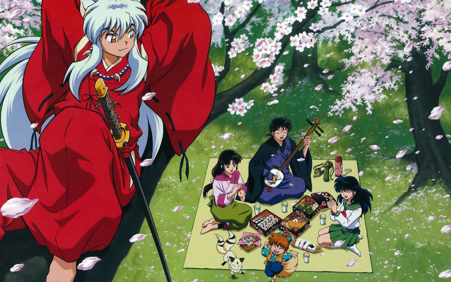 Inuyasha Groep Kersenbloesem Picknick Achtergrond