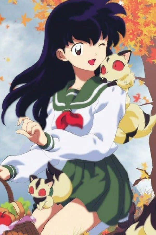 Inuyasha Kagome Dan Kirara Latar Belakang Musim Gugur Wallpaper