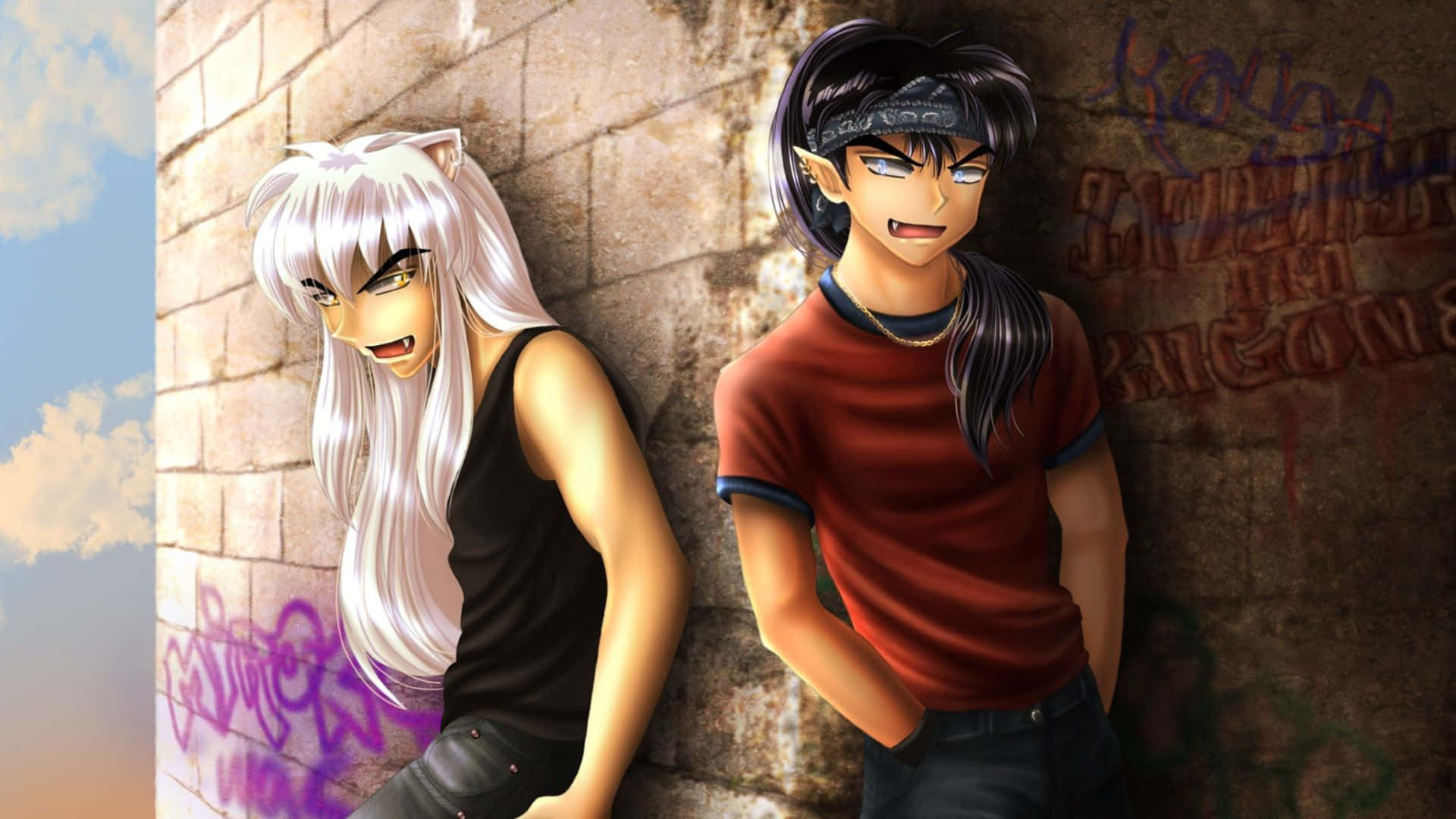 Inuyasha and Koga face off in an intense battle Wallpaper