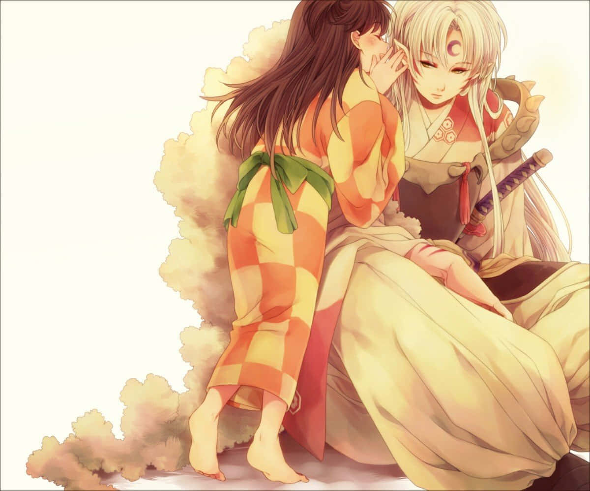 Inuyasha and Rin, a heartwarming encounter between two kindred spirits Wallpaper