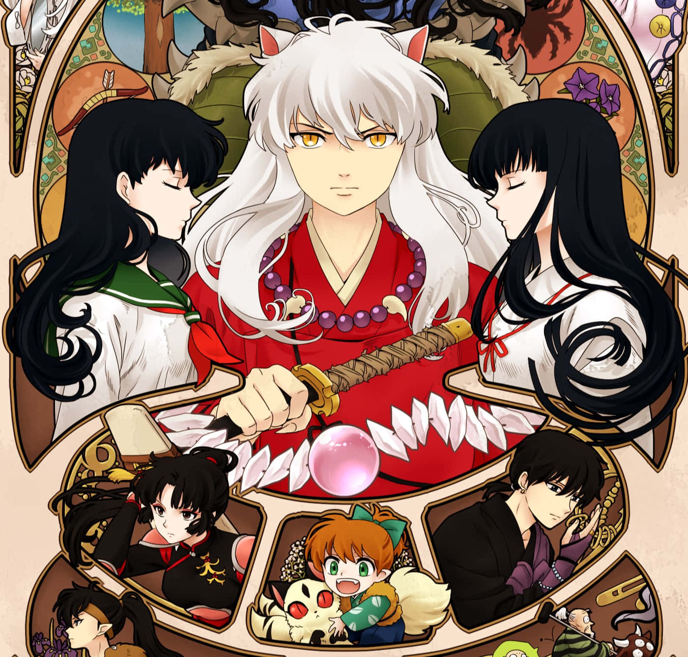 Inuyasha En Vrienden Kunstwerk Achtergrond