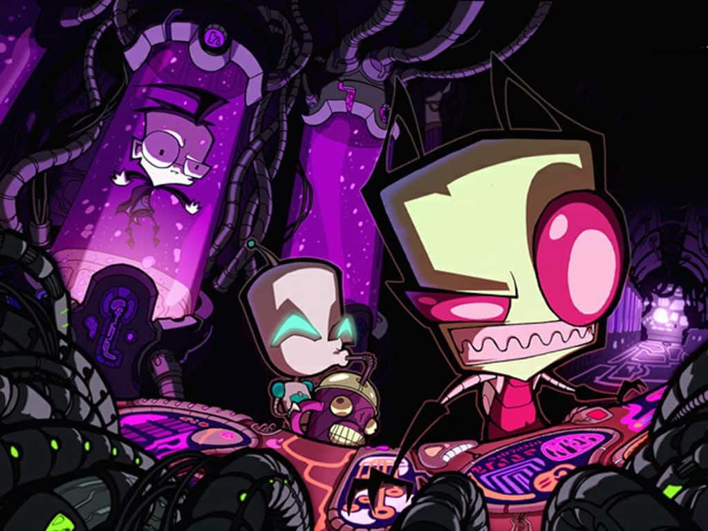 Invader Zim and Gir posing on a vibrant, colorful background