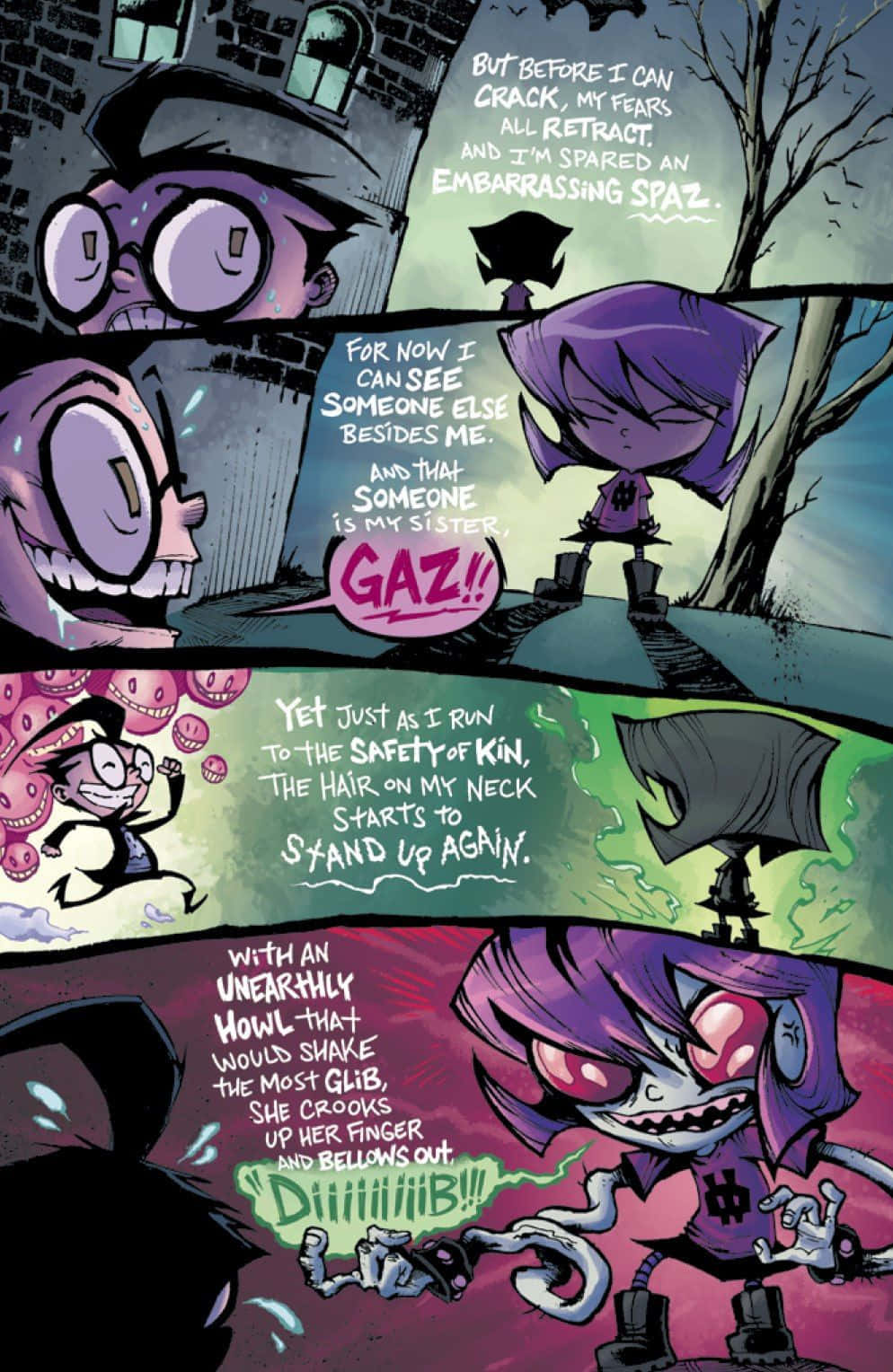 An iconic scene featuring Invader Zim, GIR, and Dib in an otherworldly setting.