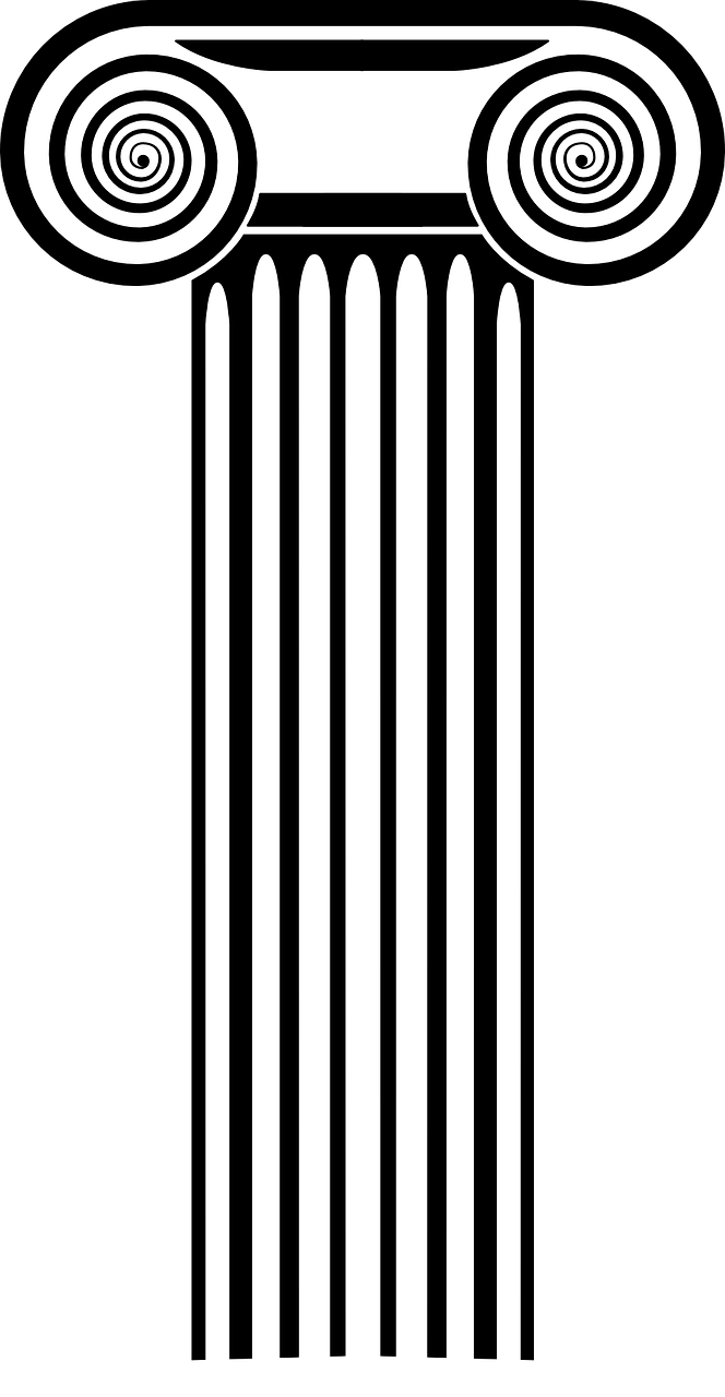 Ionic Column Graphic PNG — Seven vertical white glowing bars rise from a base against a pure black background creating a minimalist abstract pattern.