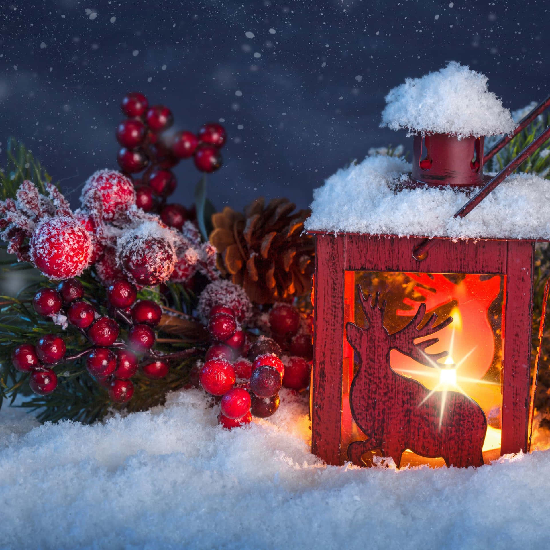A Red Lantern With A Candle In The Snow Wallpaper