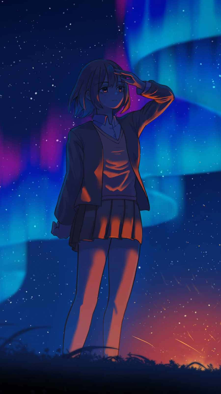 Iphone 12 Anime Girl Aurora Borealis Wallpaper