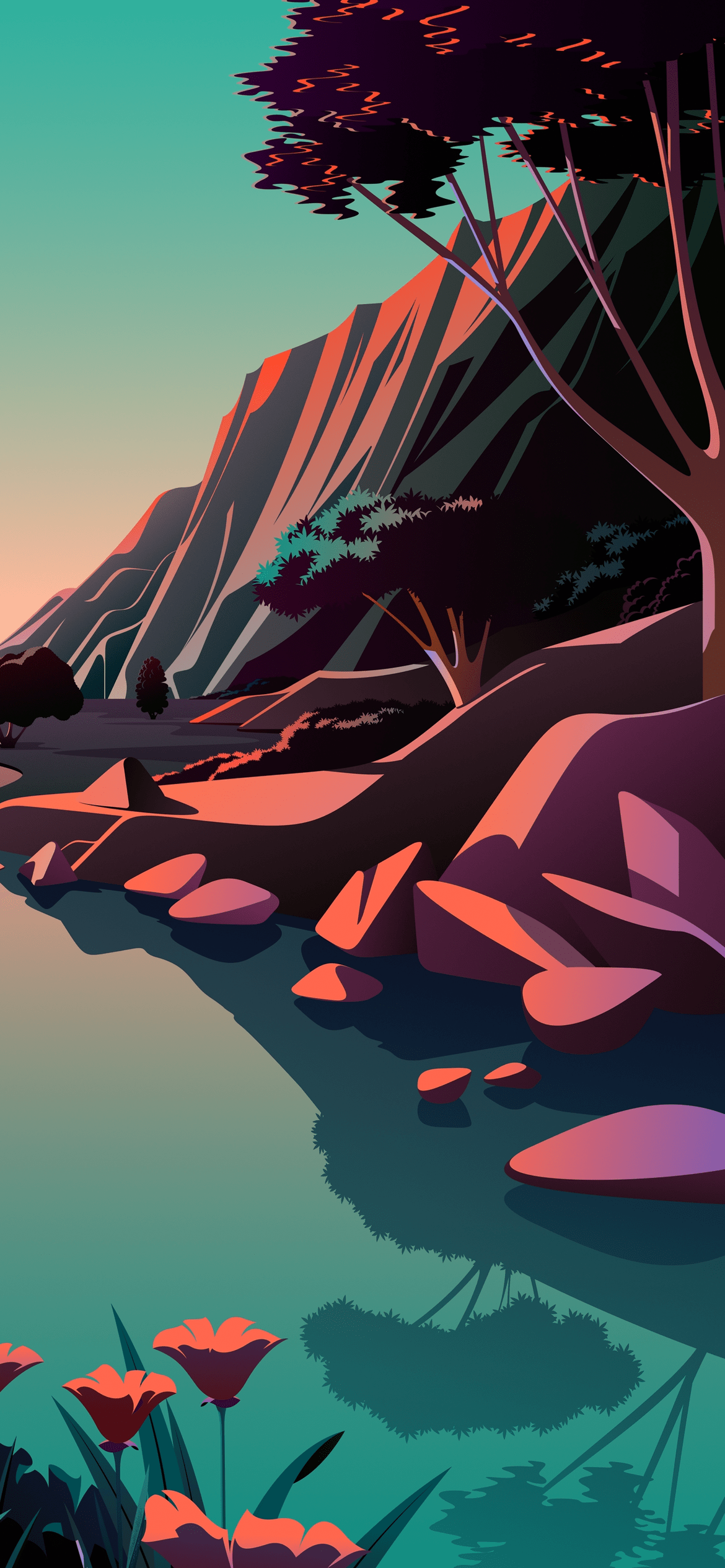 Enjoy the high-end experience with iPhone 12 Background — A stylized canyon landscape at sunset with pink rocks turquoise water and orange flowers under a gradient sky.