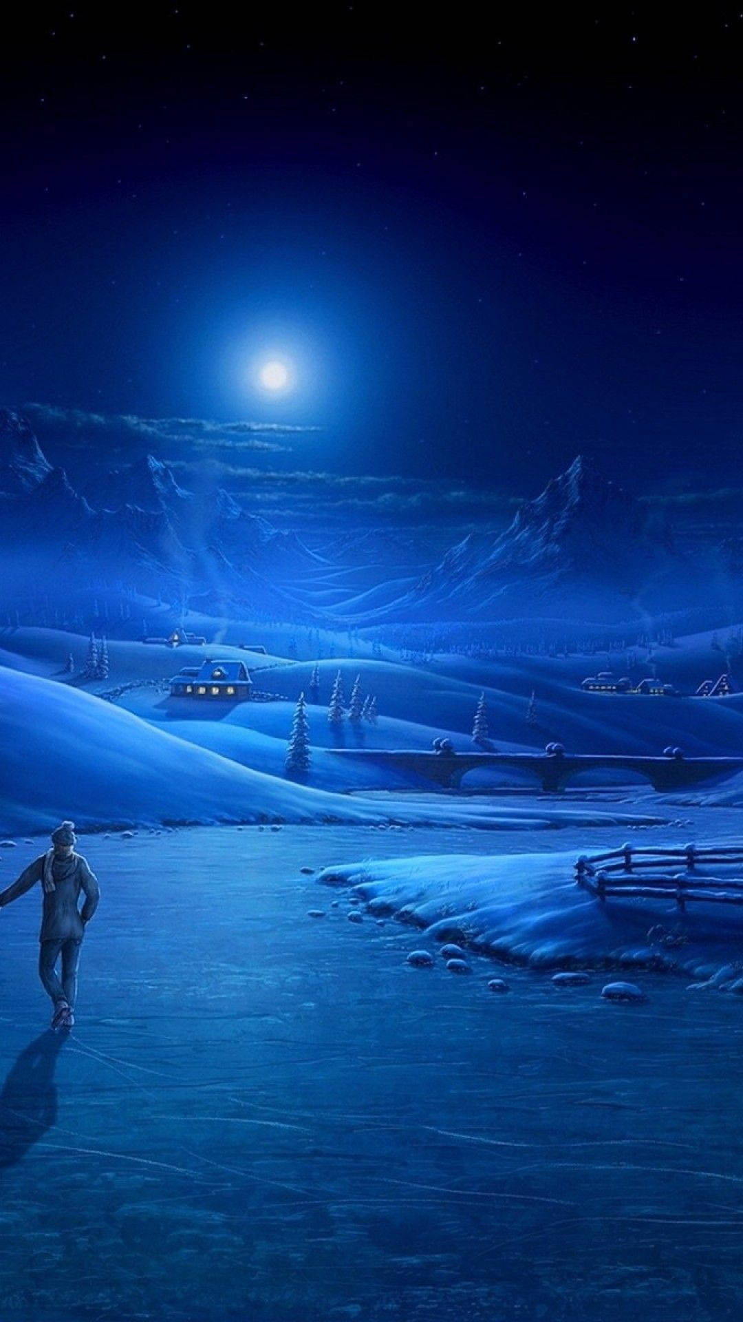En mand går over en frossen sø om natten. Wallpaper