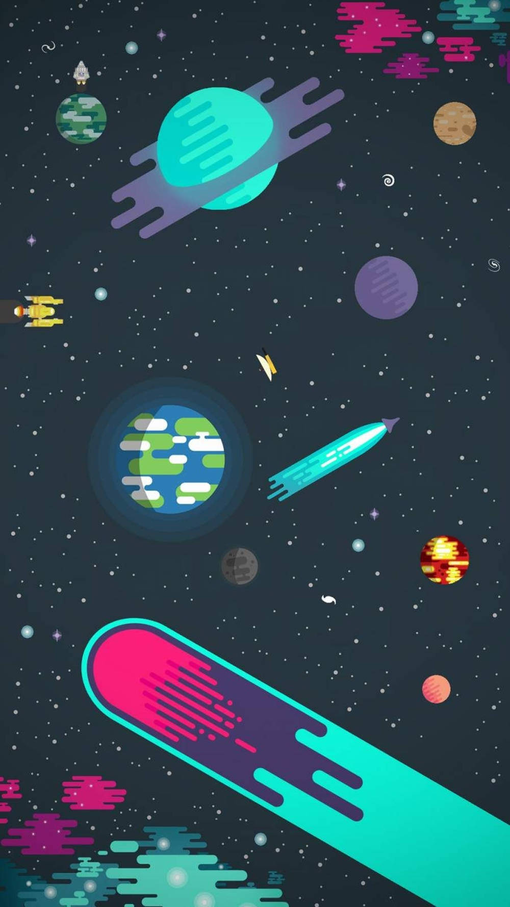 Et farverigt rum baggrund med planeter og stjerner Wallpaper