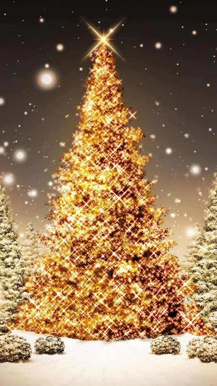 iPhone Gold Christmas Tree Snow Wallpaper