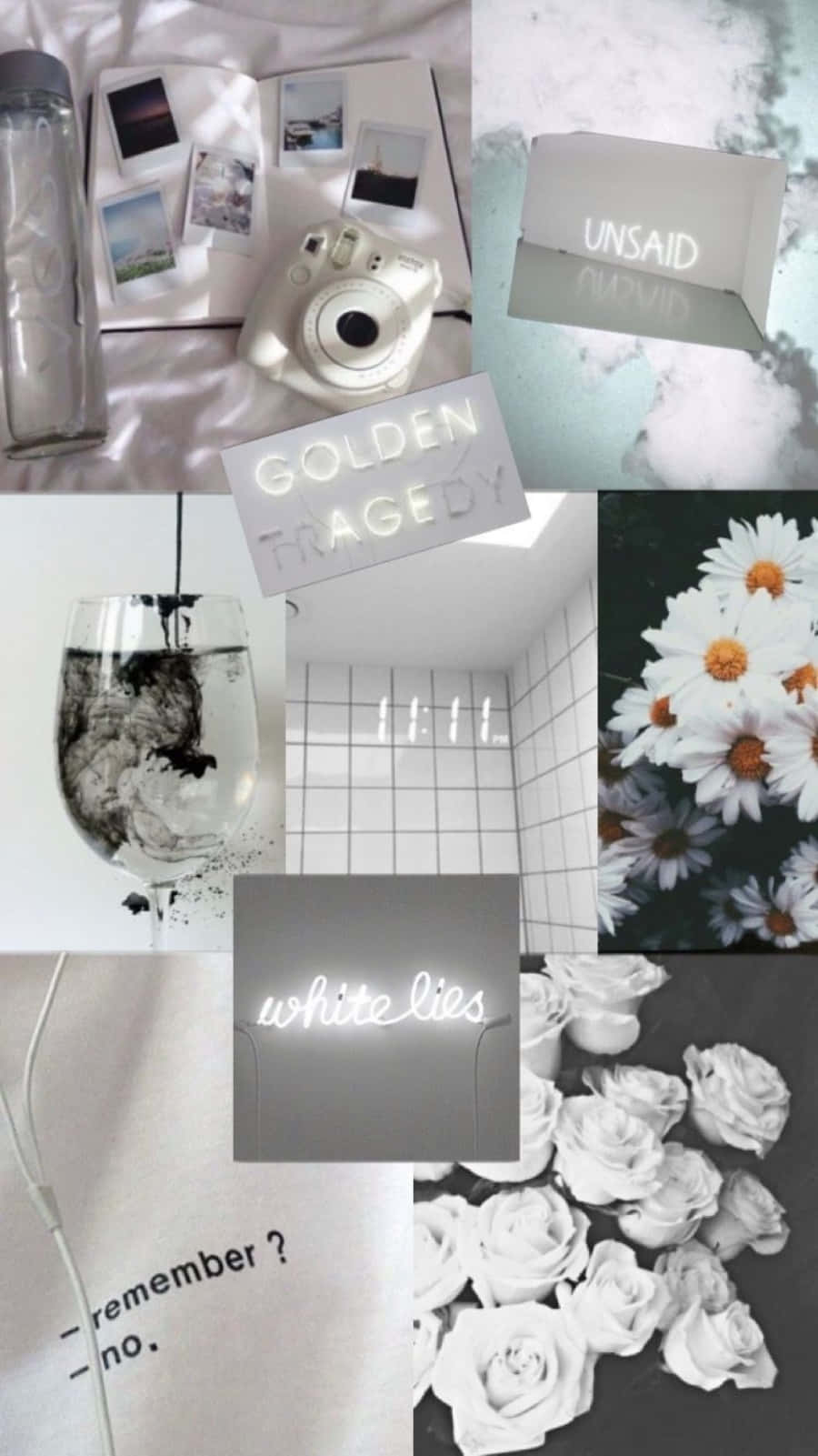 Collagede Iphone De Cámara Y Flores Blancas. Fondo de pantalla