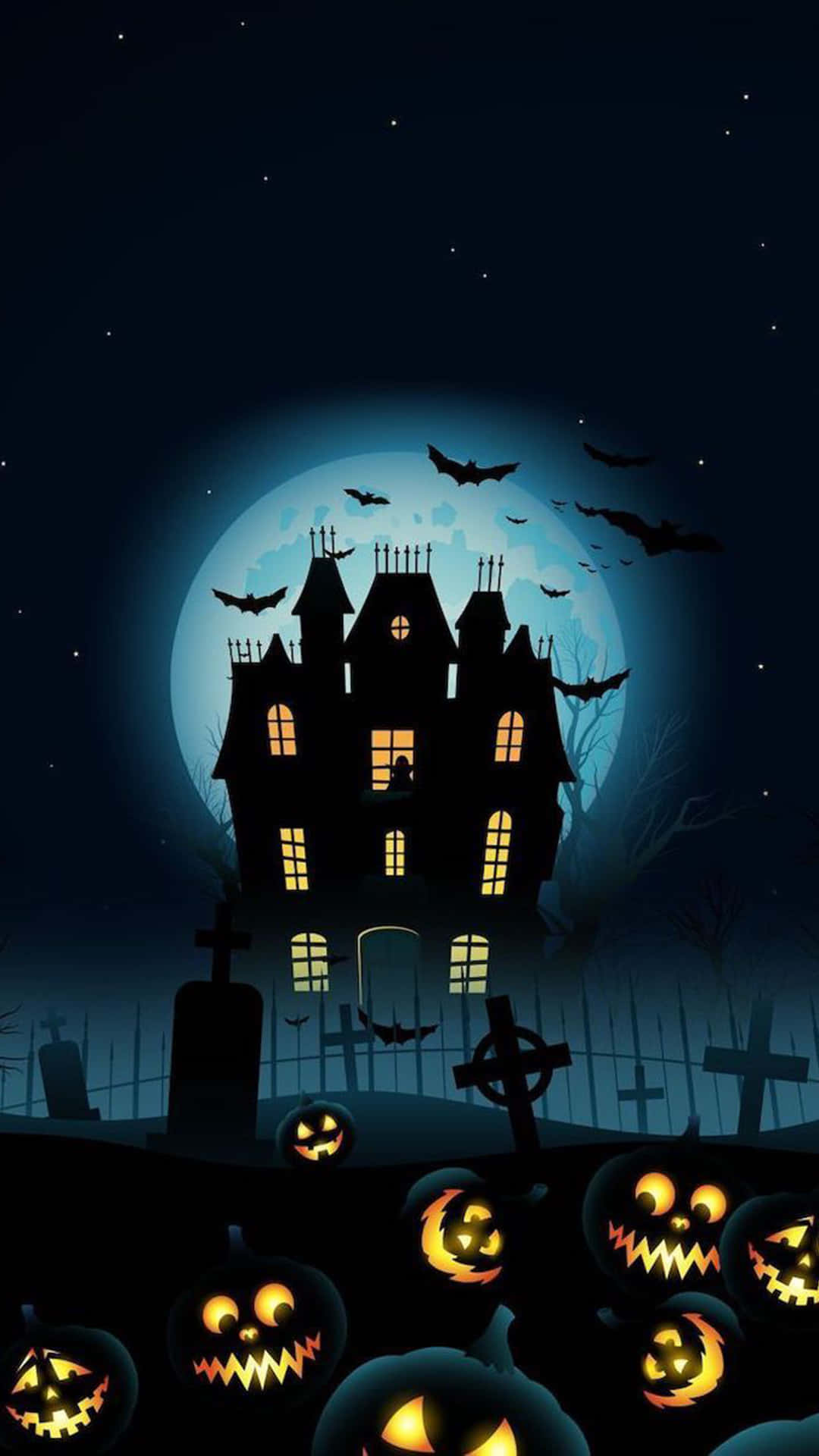 Grafisk af hjemsøgt hus til iPhone Halloween-baggrund.