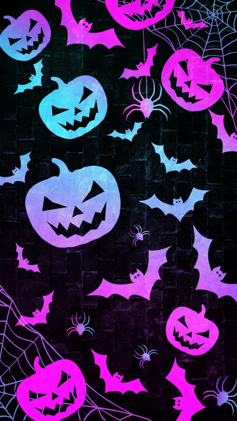 Fondode Pantalla De Halloween Para Iphone Con Murciélagos Y Calabazas Degradadas En Color Morado.