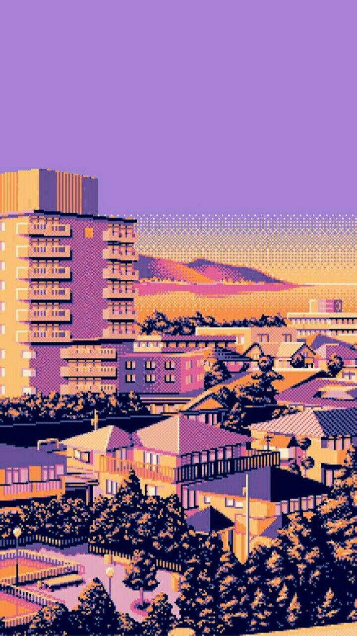 Pixel Della Città Giapponese Della Schermata Principale Dell'iphone Sfondo