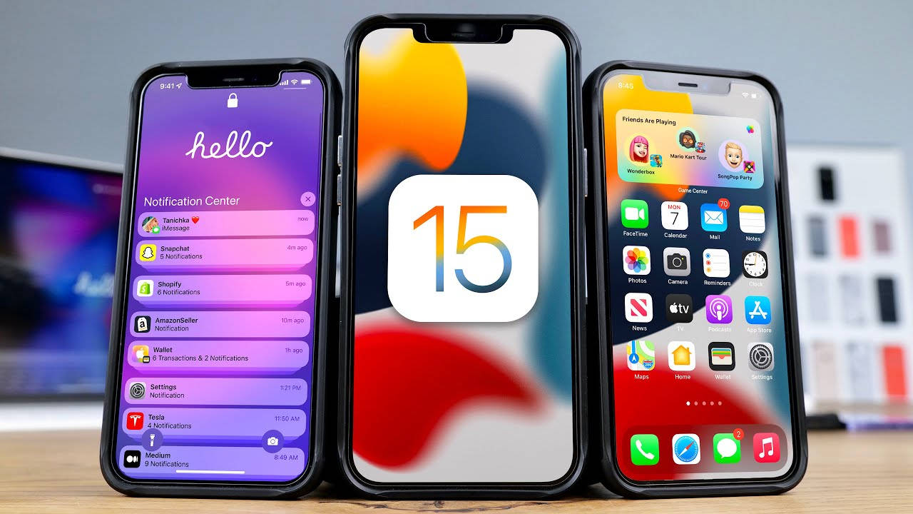 Iphone Models With Ios 15 Logo Wallpaper