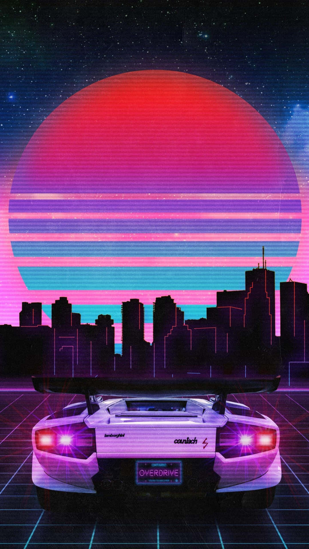 A Car In The City With A Neon Sky