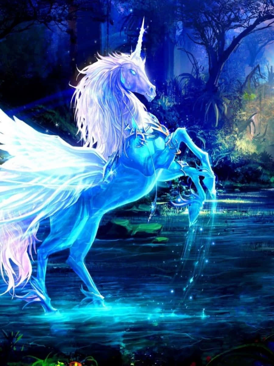 Blue Fantasy Iphone Unicorn In Forest Wallpaper