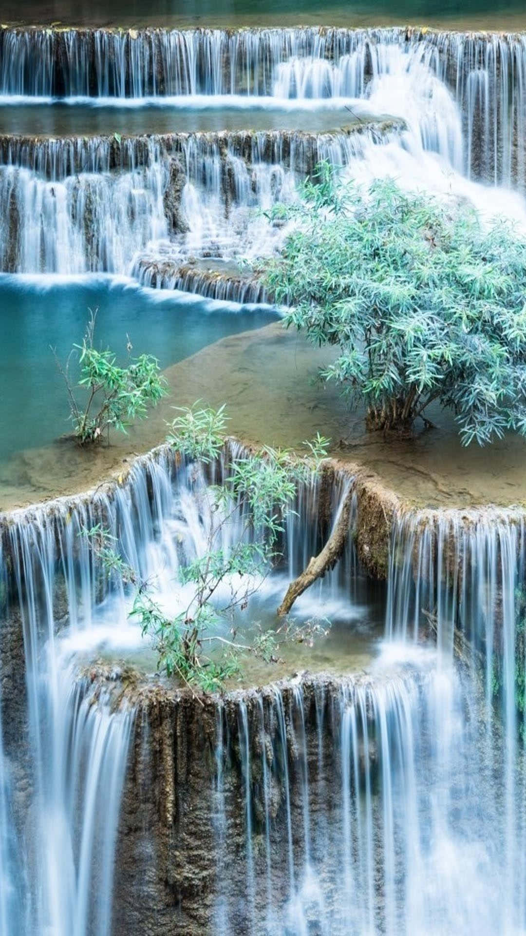 A Waterfall With A Tree Growing In It Wallpaper