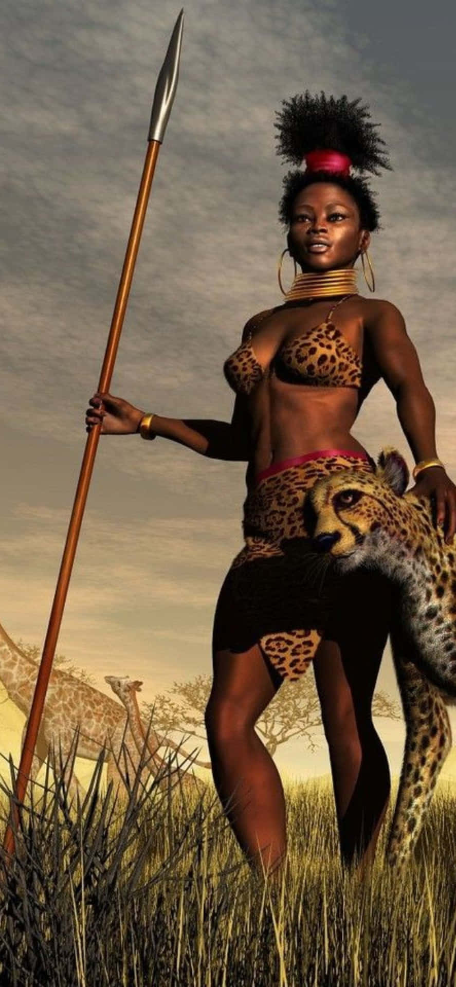 a woman with a spear and a leopard