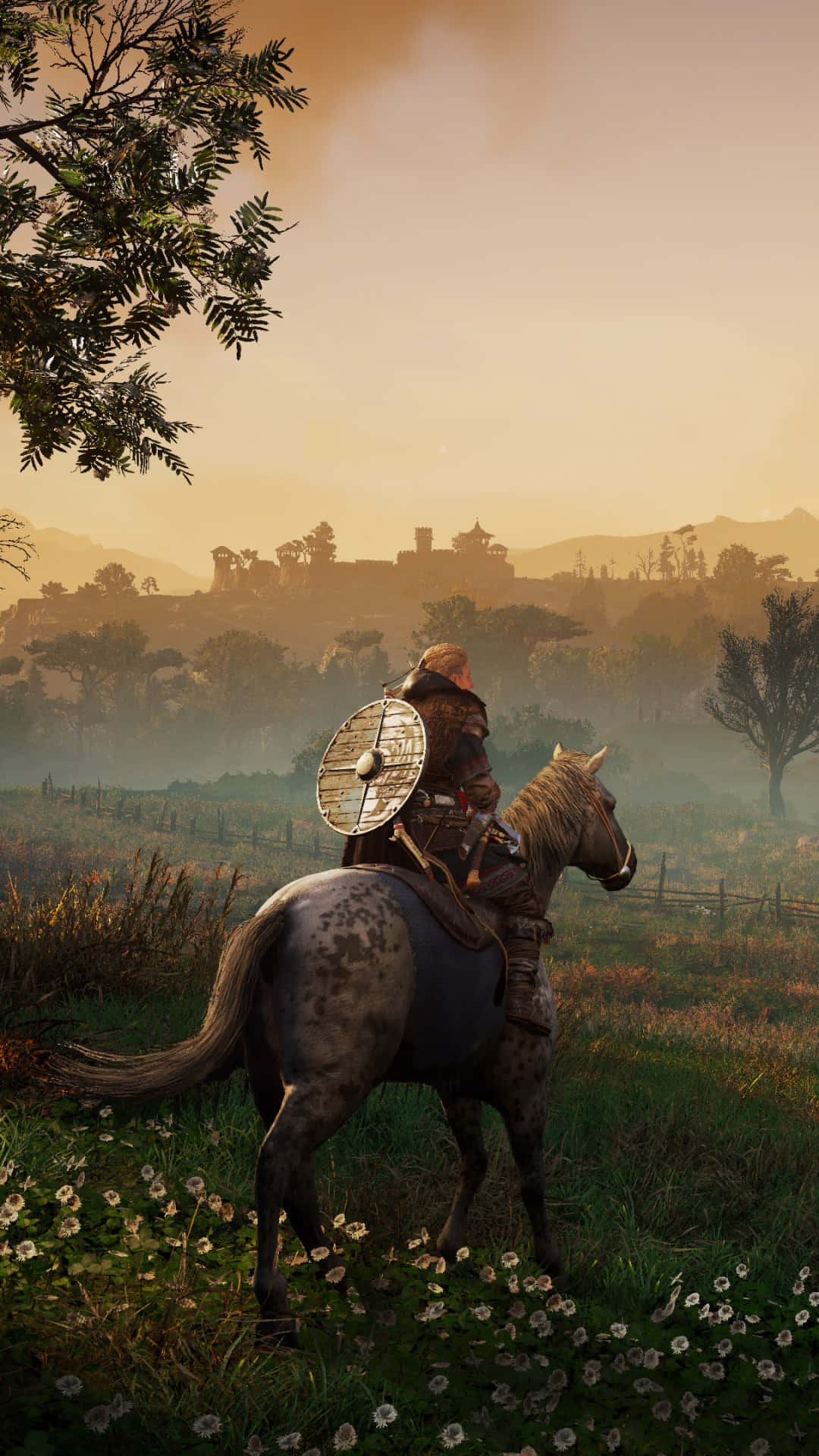 Iphonex Bakgrundsbild Med Den Bevingade Hjälten Eivor Från Assassin's Creed Valhalla På Sin Häst Mount.