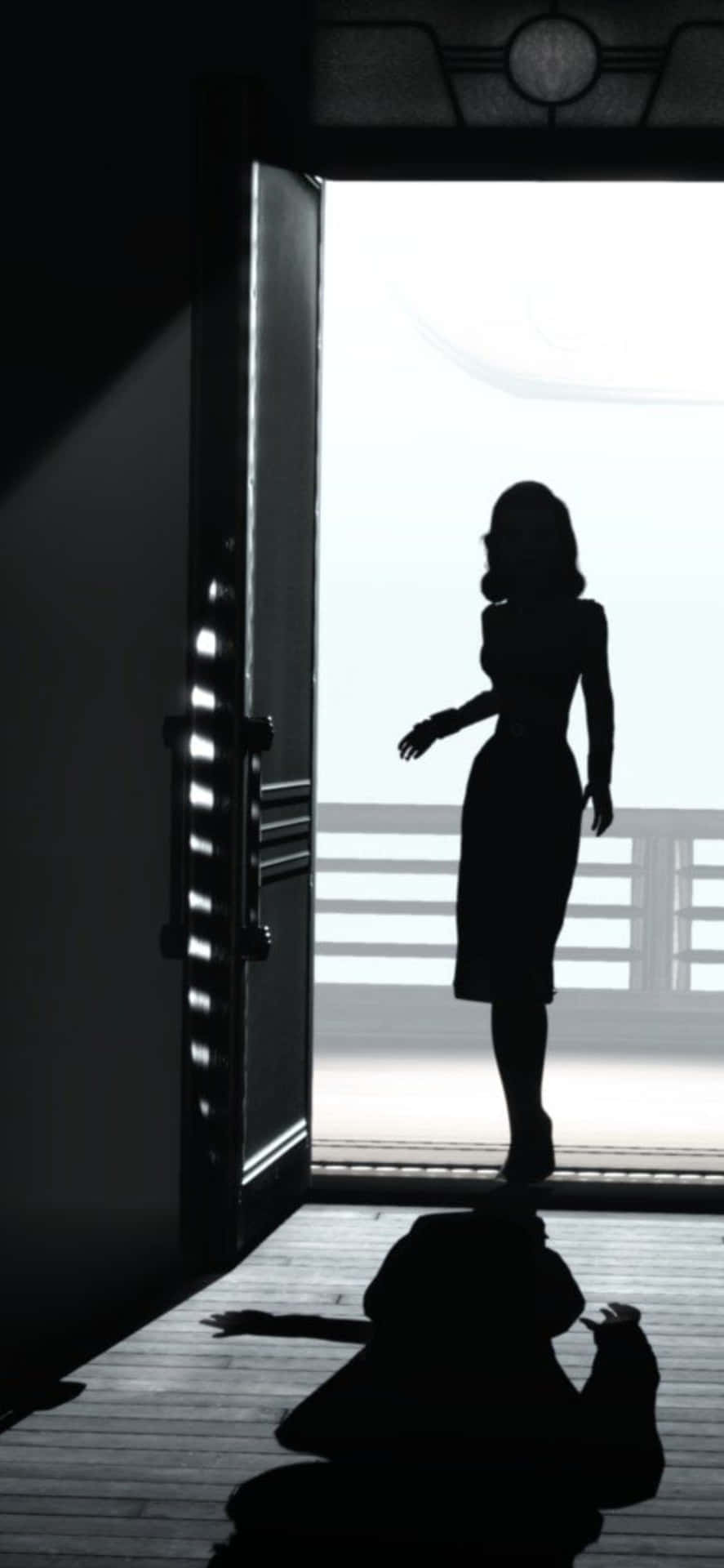 Baggrundssilhuet af Elizabeth åbner en dør på Iphone X Bioshock Infinite