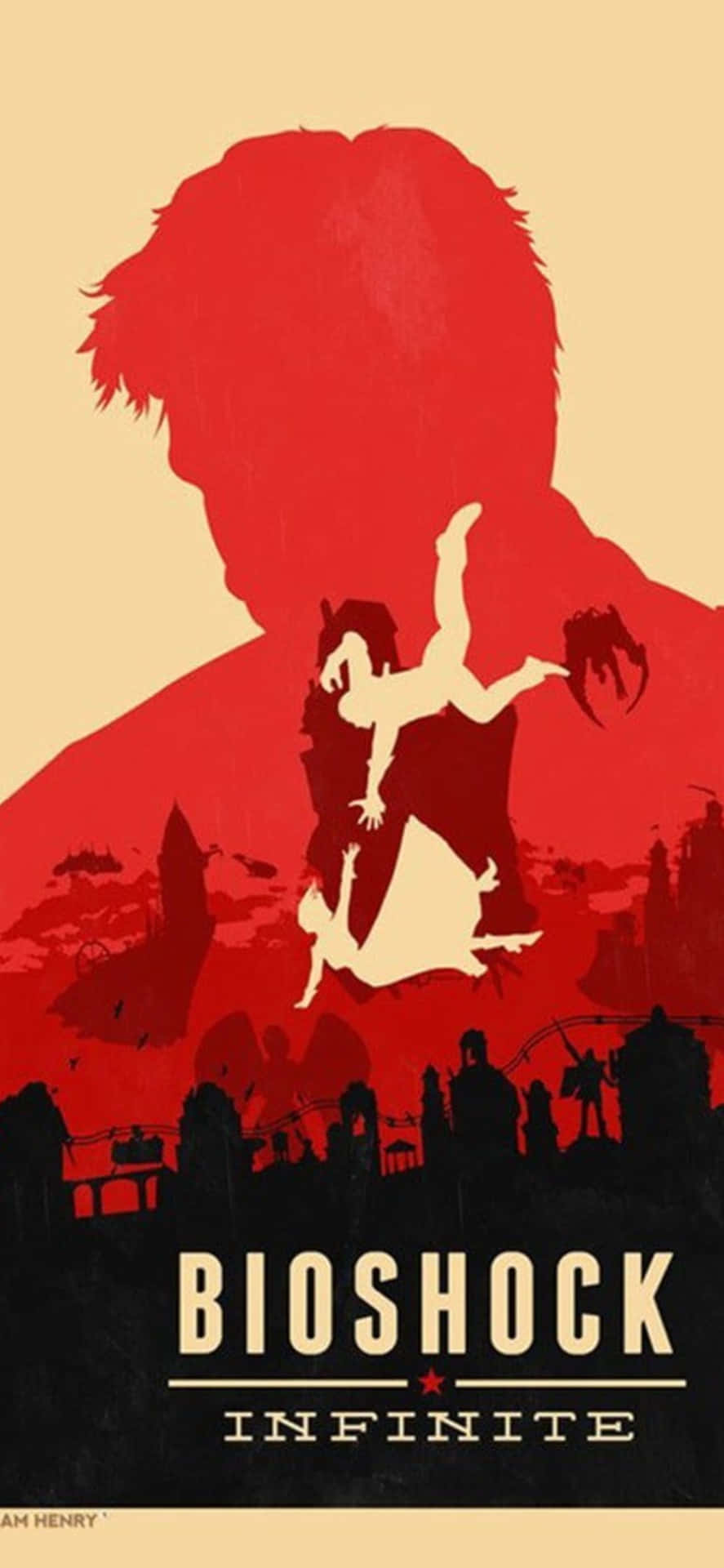 Sfondoper Iphone X Di Bioshock Infinite Con Poster Rosso Di Booker E Elizabeth Che Cadono.
