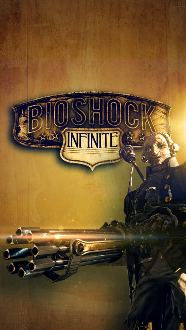 Papelde Parede Do Iphone X Com Fundo Do Bioshock Infinite, Cartaz Dourado Do Robô Com Armas.