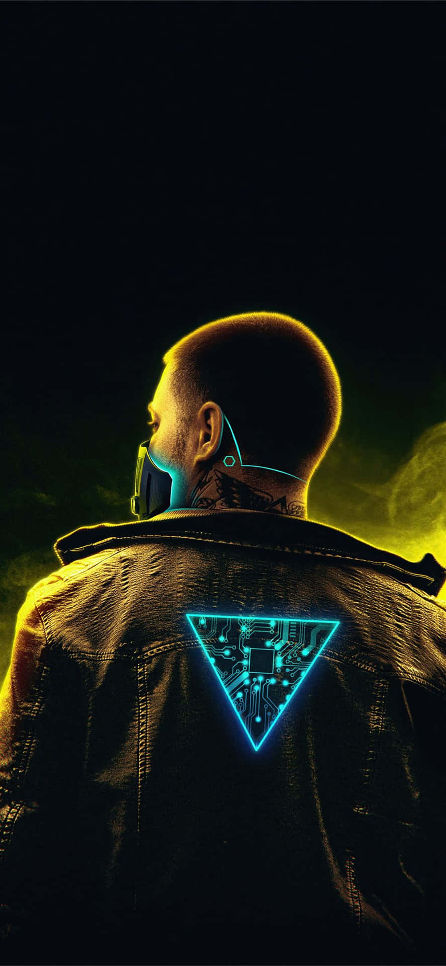 Iphonex Bakgrundsbild Med Cyberpunk 2077, En Cyborg Man Och Triangulär Belysning.