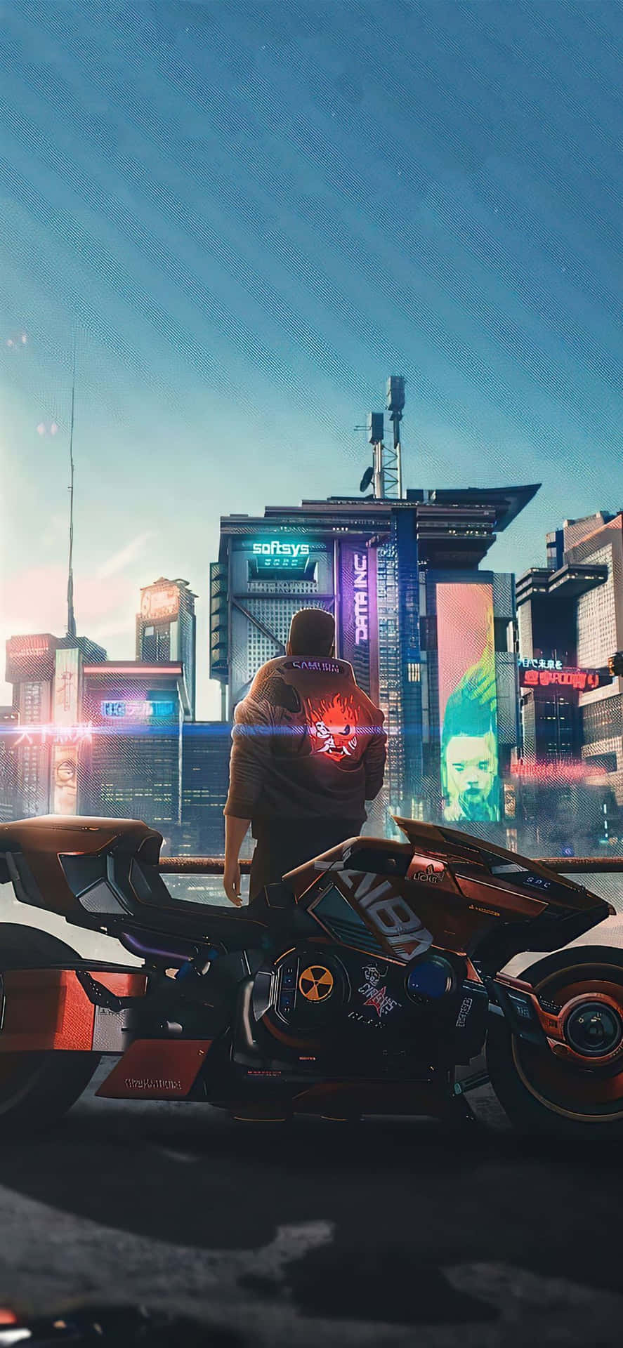 Iphonex Bakgrundsbild Cyberpunk 2077 Man Med En Motorcykel.