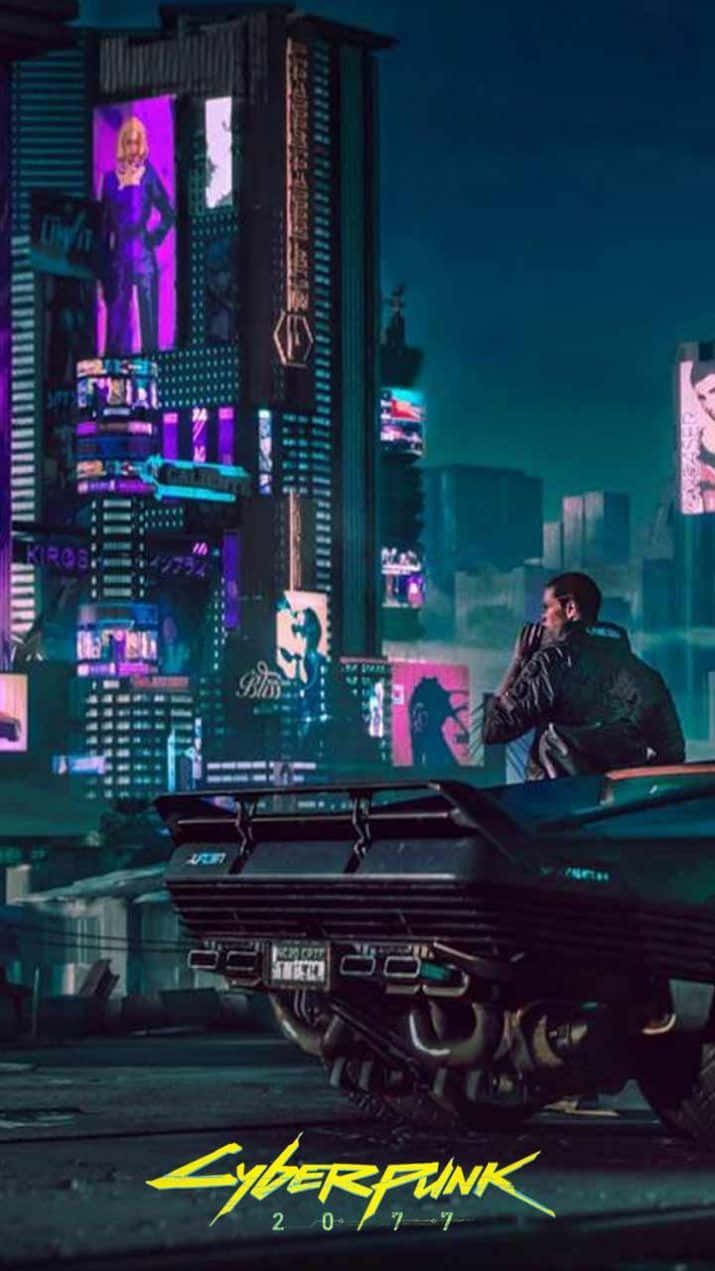 Iphonex Hintergrundbild Von Cyberpunk 2077, Rauchen Neben Einem Geparkten Auto Am Rand Eines Parks.