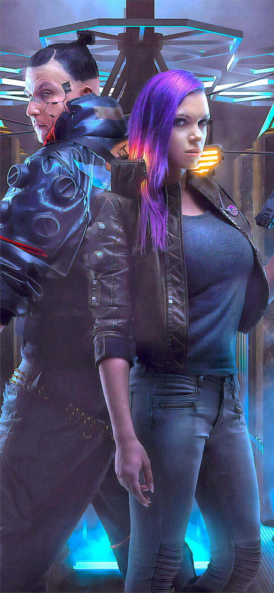 Iphonex Cyberpunk 2077 Hintergrundbild Mit Männlichem Und Weiblichem Charakter.