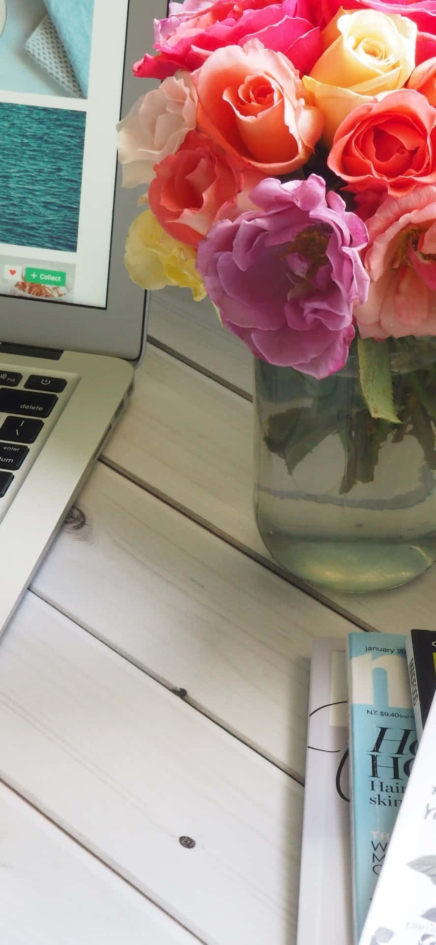 Iphone X Desk Background Laptop Beside A Flower Vase