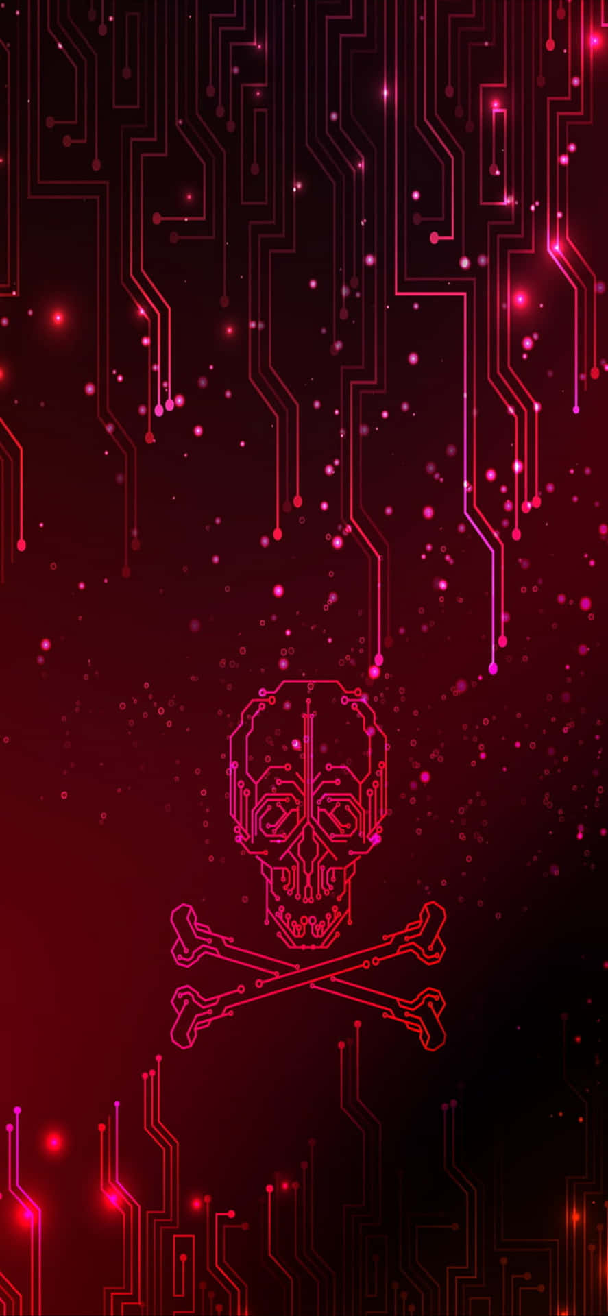 En rød baggrund med et skelet og kors motiv