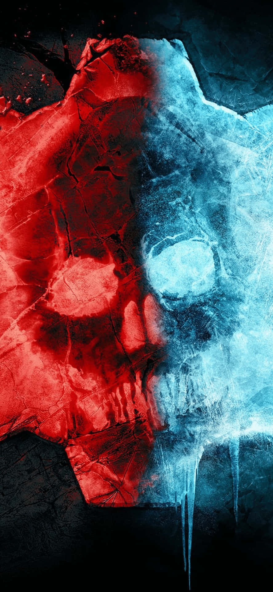 a blue and red skull with ice on it